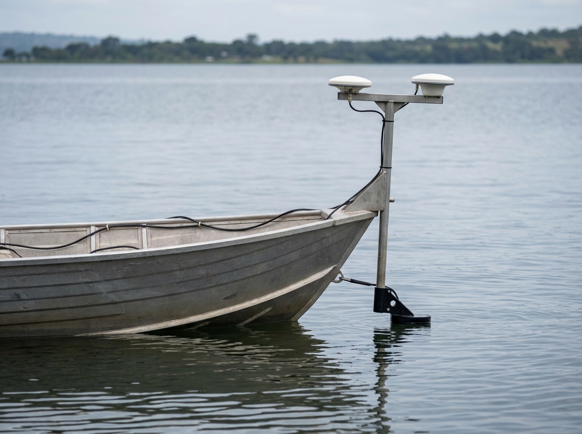 Bathymetric survey equipment on water body