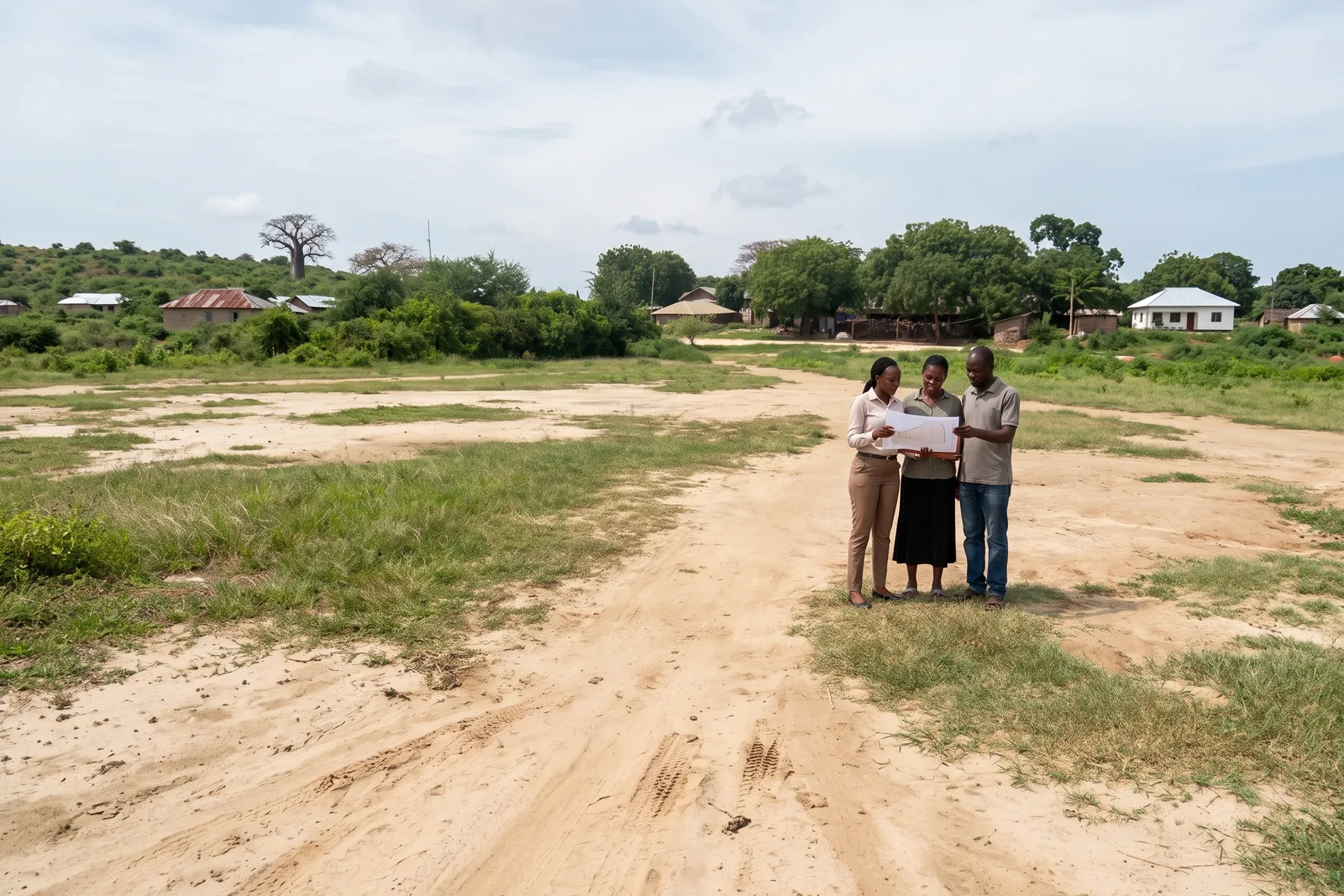 Un consulente immobiliare Walterland esamina il piano dei lotti di Mambrui 234 con potenziali acquirenti durante un sopralluogo vicino a Malindi