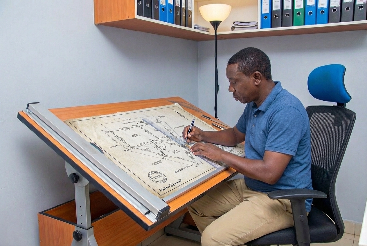 Land surveyor at drawing table reviewing plans