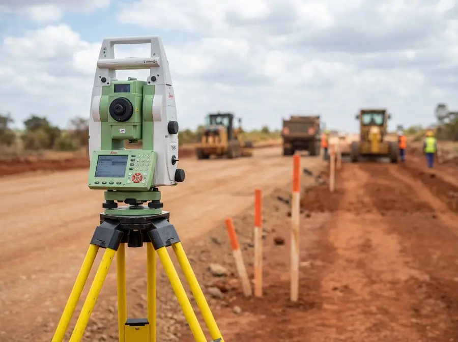 Engineering survey team using total station equipment on a Kenya road project