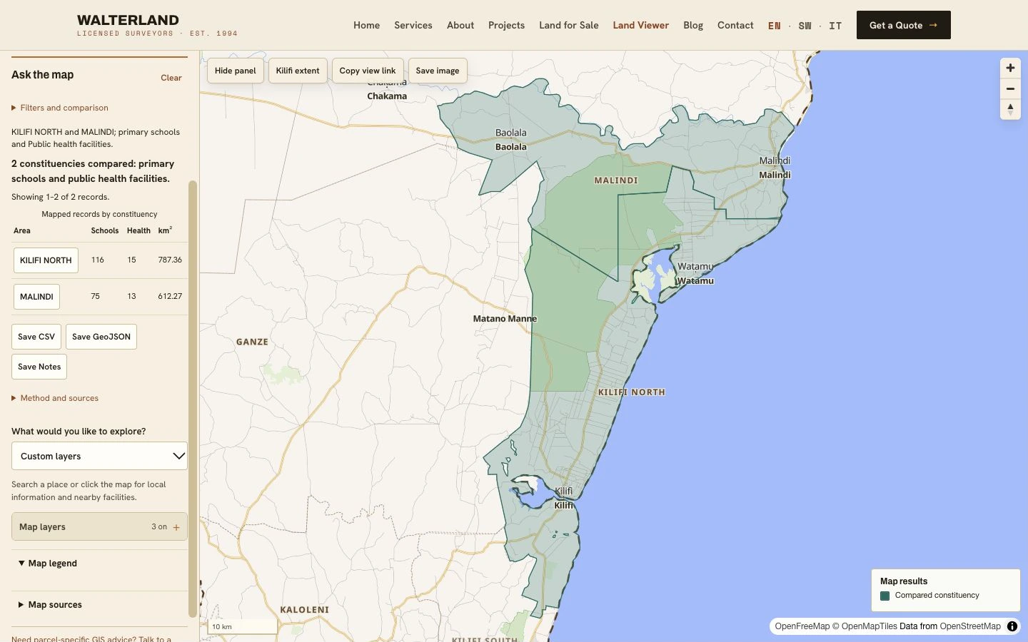 Walterland Land Viewer comparing primary schools and public health facilities in Kilifi North and Malindi