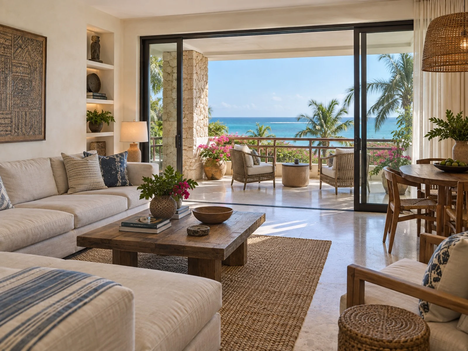 Sunlit living room inside a coastal Kenyan apartment with an open balcony and a wide Indian Ocean view