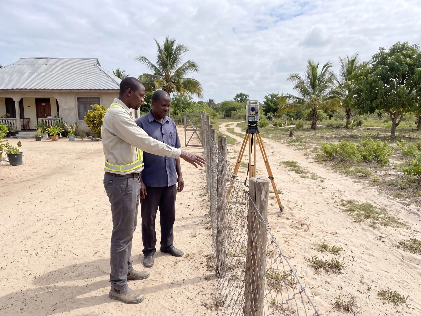 Kenyan land surveyor and plot owner discussing the existing fence between two adjoining coastal plots before combination