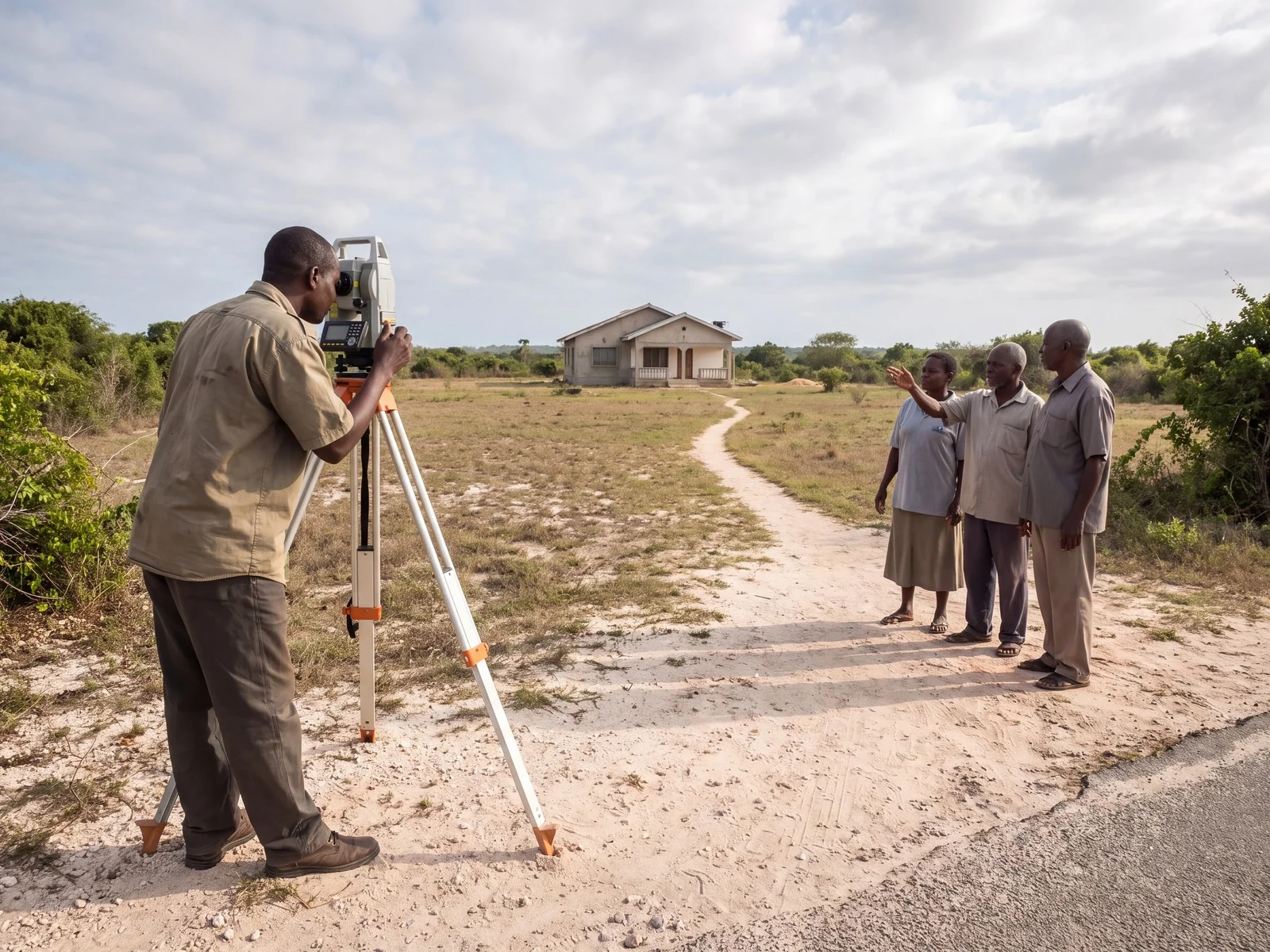 Kenyan surveyor and three co-owners reviewing an open coastal parent parcel with a house and access track before partition
