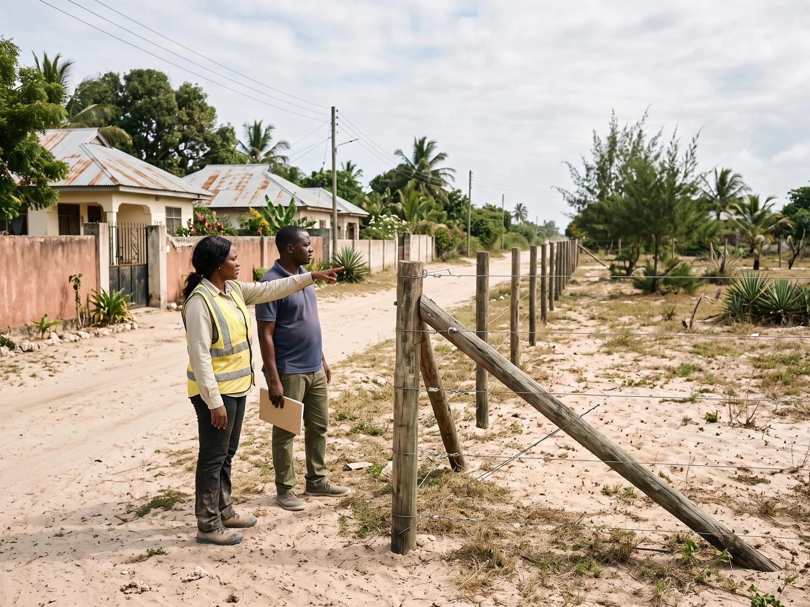 Kenyan land surveyor showing a prospective buyer the boundary from a wire-fence corner beside a coastal road near Malindi