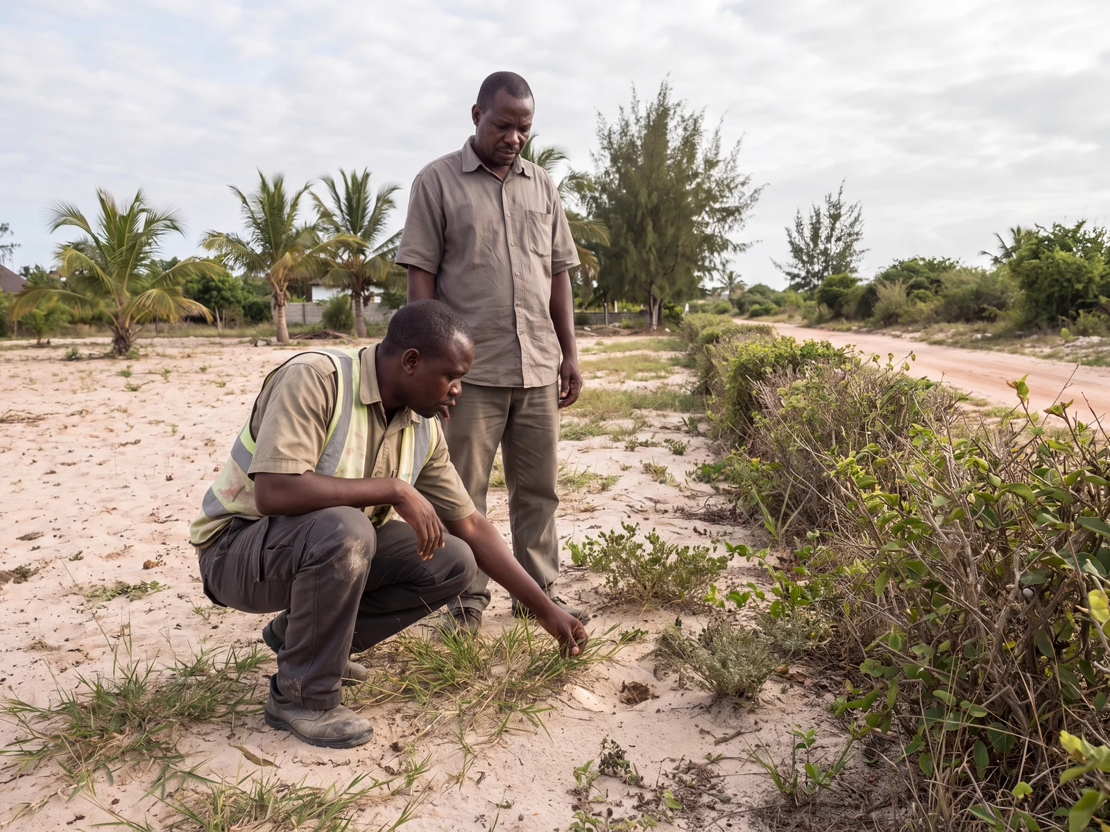 Kenyan surveyor and landowner examining bare ground beside a hedge while searching for a missing boundary beacon on a coastal plot