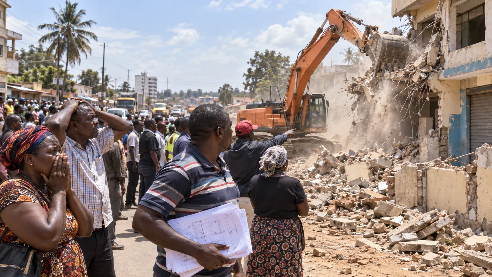 Shocked Kenyan property owners and a large crowd watch an excavator demolish a roadside building; a man holds building plans in the foreground