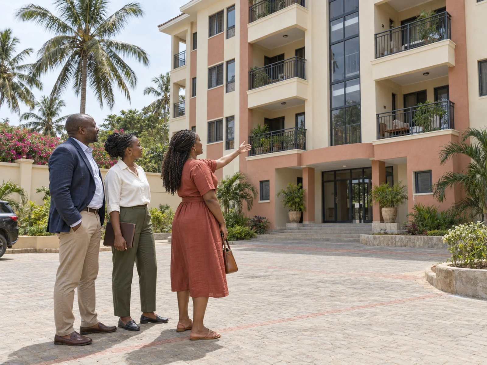Kenyan apartment owners studying the balconies and shared entrance of a completed residential building in Malindi