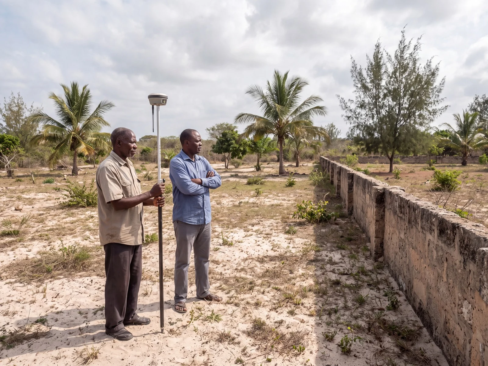 Kenyan surveyor and landowner looking across an open coastal plot beside an older stone wall during a boundary and area review